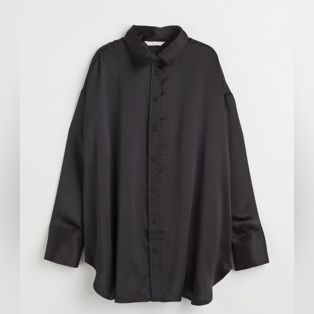 H&M Oversized Satin Button Down Shirt Black XL
